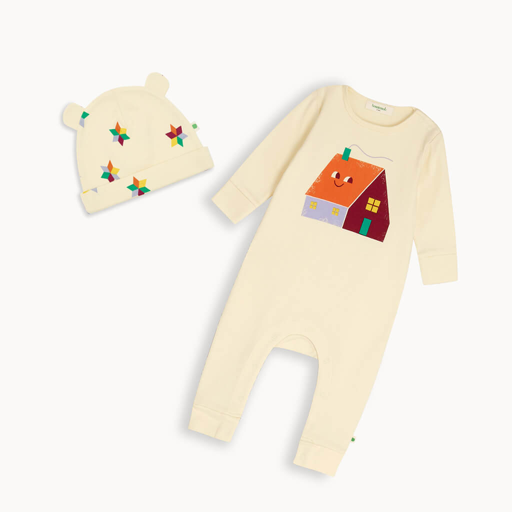 Cabin Print Baby Playsuit Hat Set GOTS Certified Organic Cotton