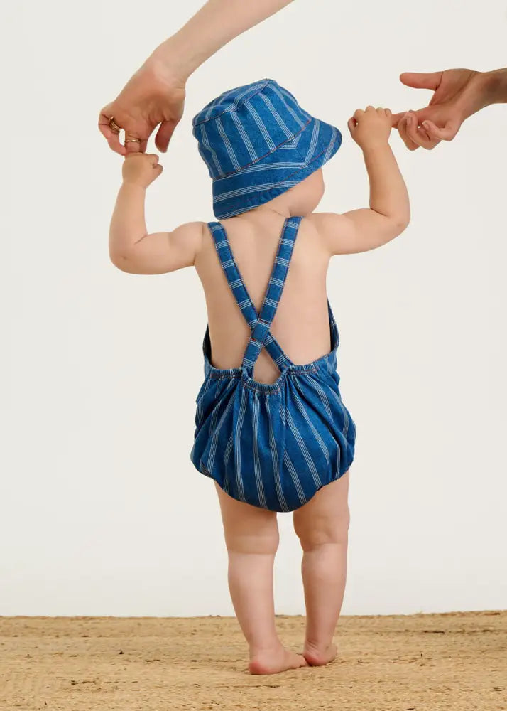 Denim Stripe Baby Terry Bubble Romper | Organic Cotton | The Bonniemob