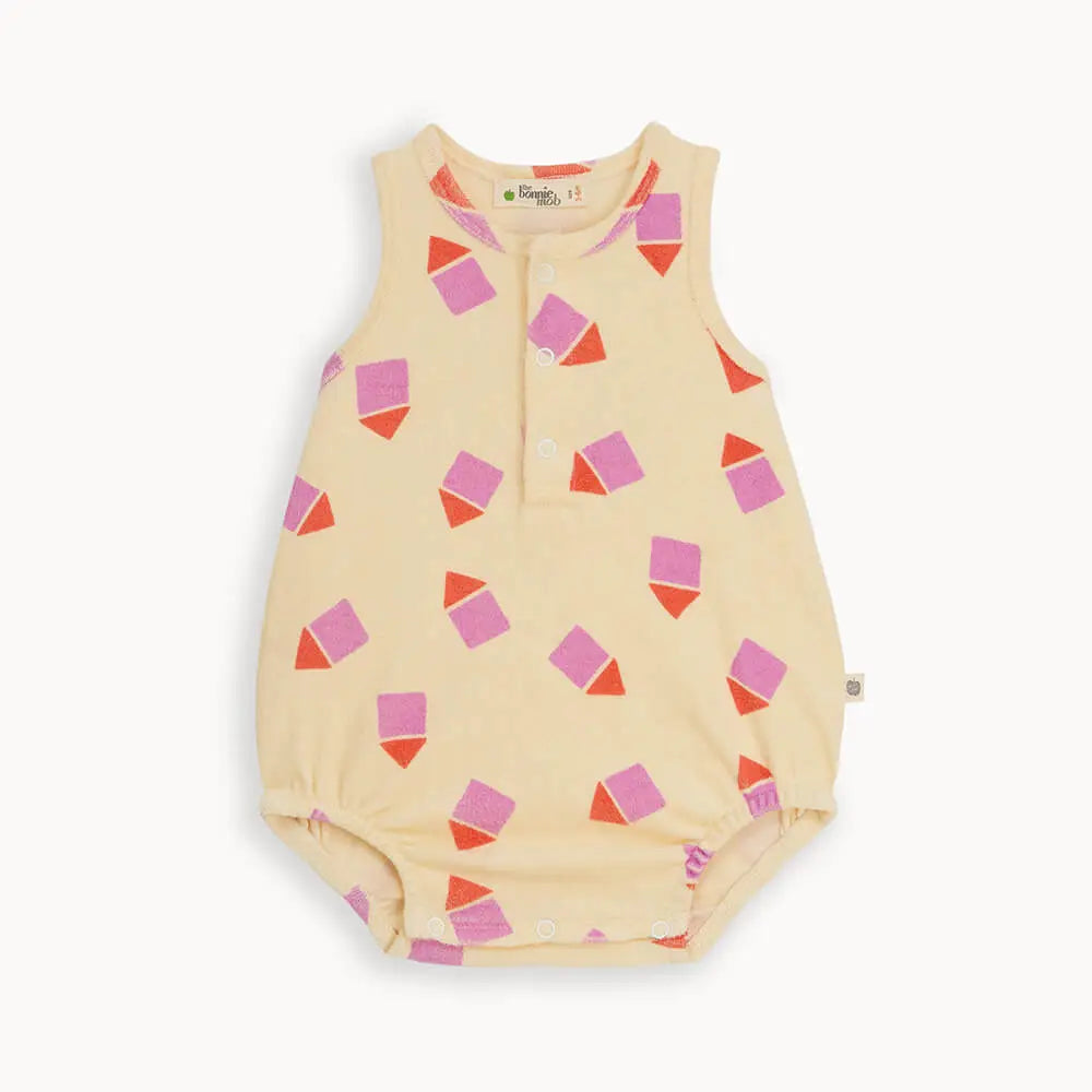 Pink Beach Hut Terry Sleeveless Romper GOTS Certified Organic Cotton