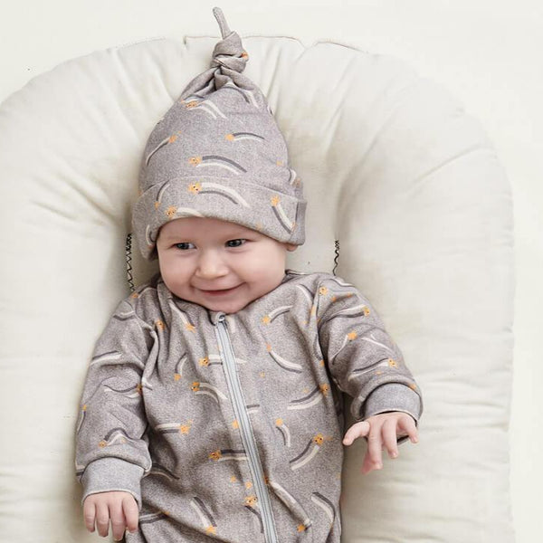 SUNSET - Grey Denim Shooting Star Baby Beanie Hat With Tie Top - The bonniemob 