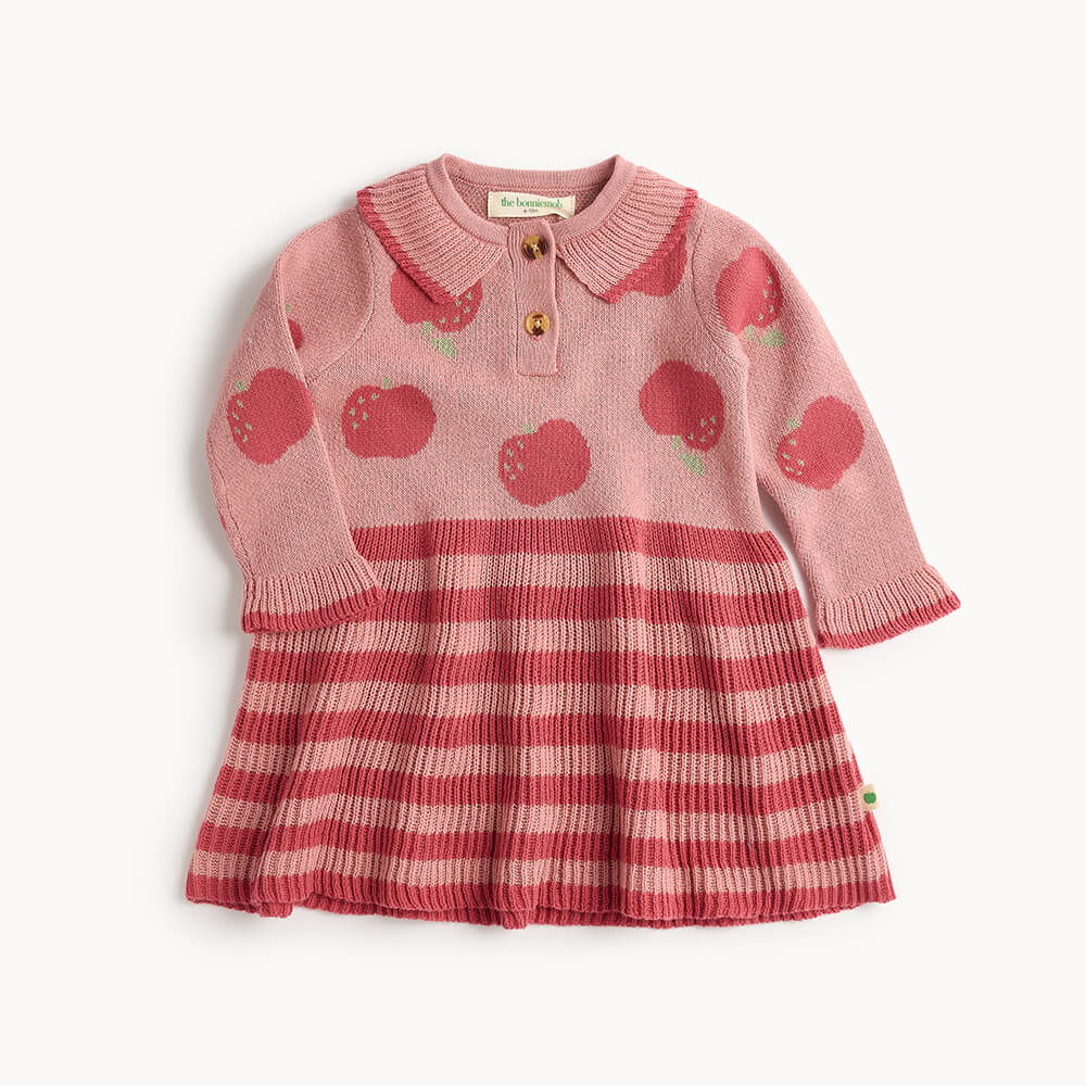 Pink cotton knitted dress with apple pattern 