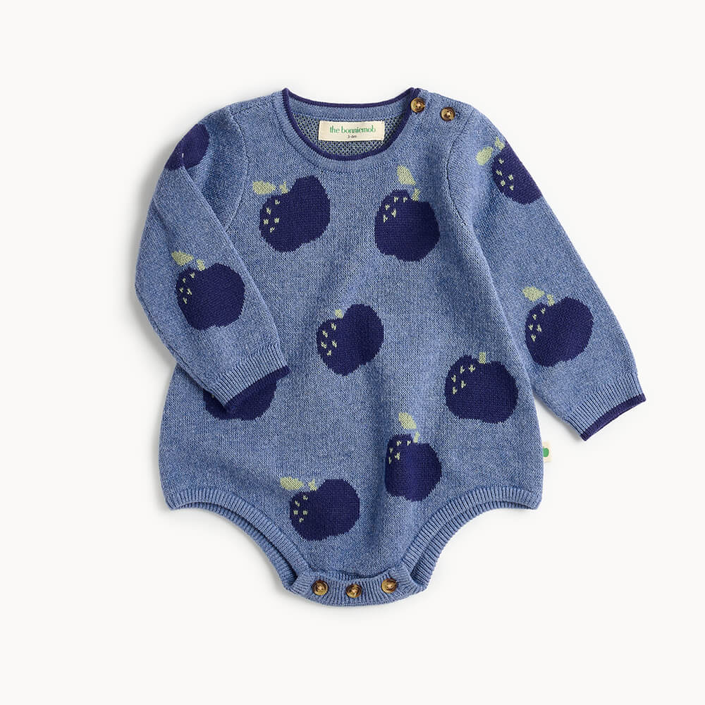 Blue cotton knitted baby romper with apple pattern 