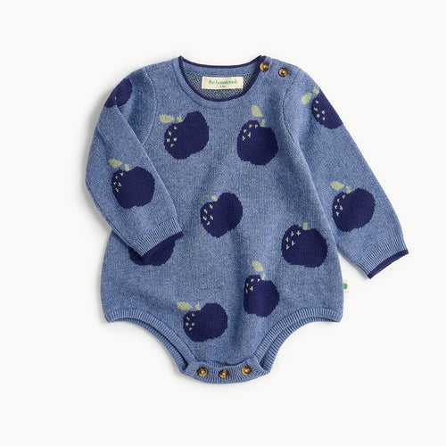 Blue cotton knitted baby romper with apple pattern 