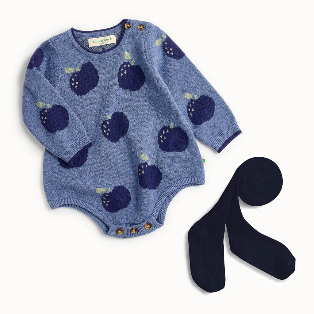 Blue cotton baby romper with apple pattern and navy tights