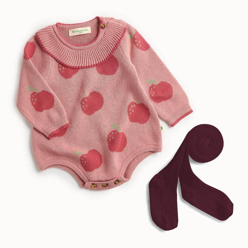Pink cotton baby romper with apple pattern and matching red tights 