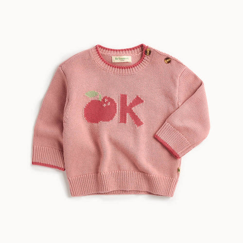 Pink cotton sweater with apple and 'OK' design 
