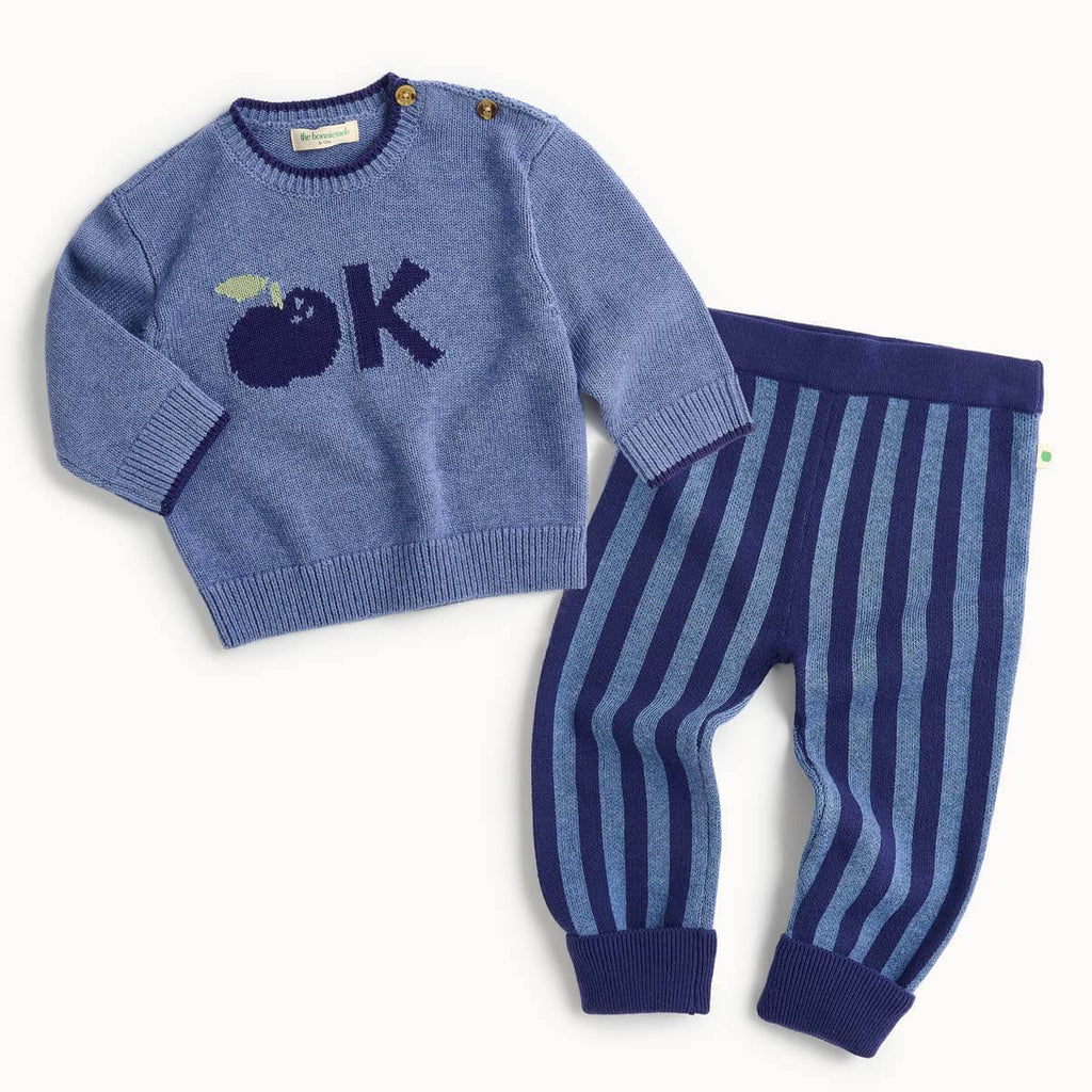 Blue cotton sweater and striped pants set 