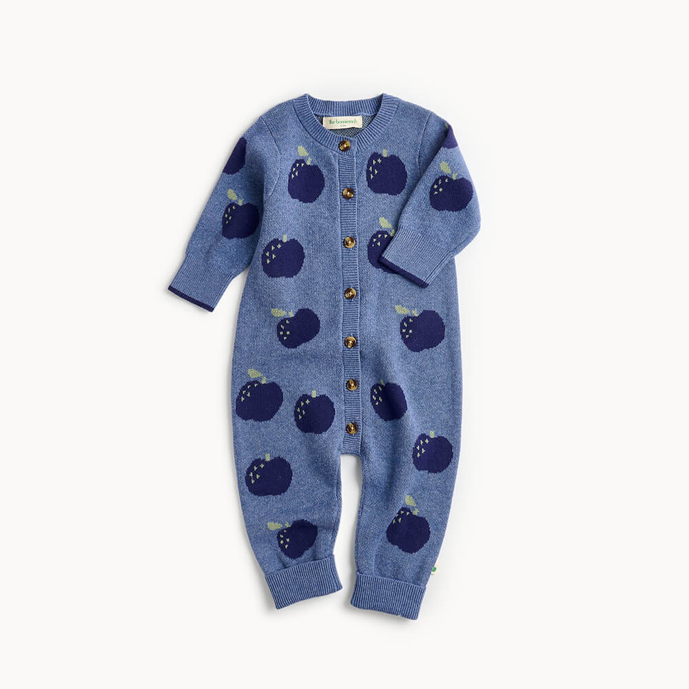 Blue knitted cotton baby playsuit with apple pattern 