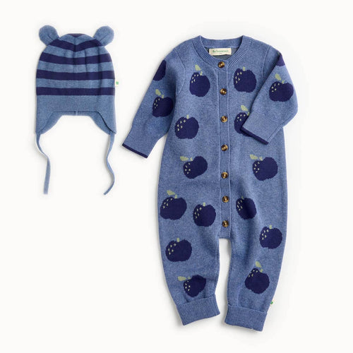 Blue Apple Knitted Baby Gift Set - Playsuit & Hat - The bonniemob 