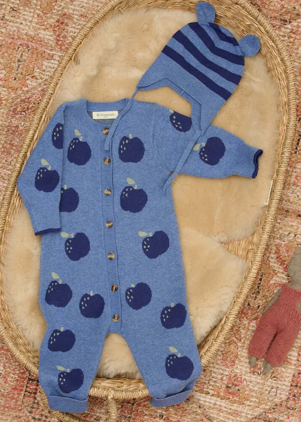 Blue baby onesie with apple pattern, matching striped hat