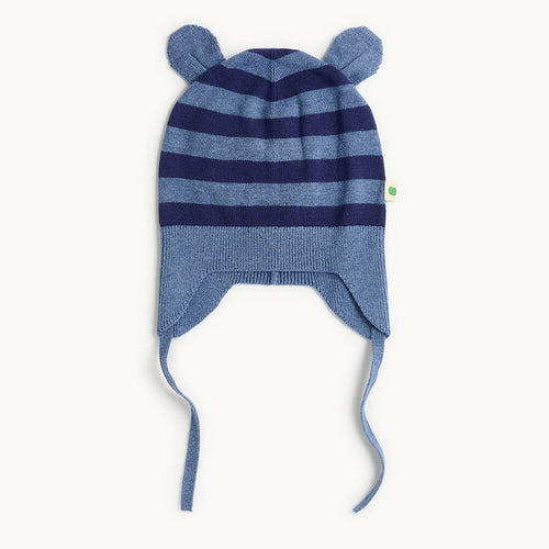 Blue cotton striped baby and kid hat with bear ears 