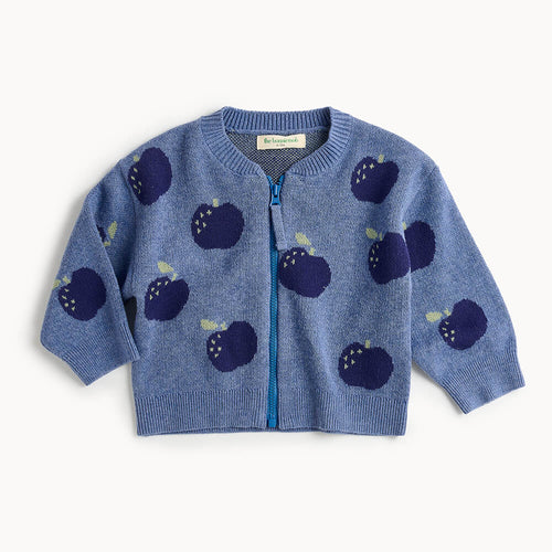 Blue cotton children and baby cardigan with apple pattern 