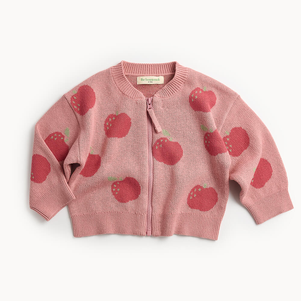 Pink children and baby cotton cardigan with red apple pattern 