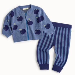 Blue children and baby cotton cardigan with apple pattern and striped pants 