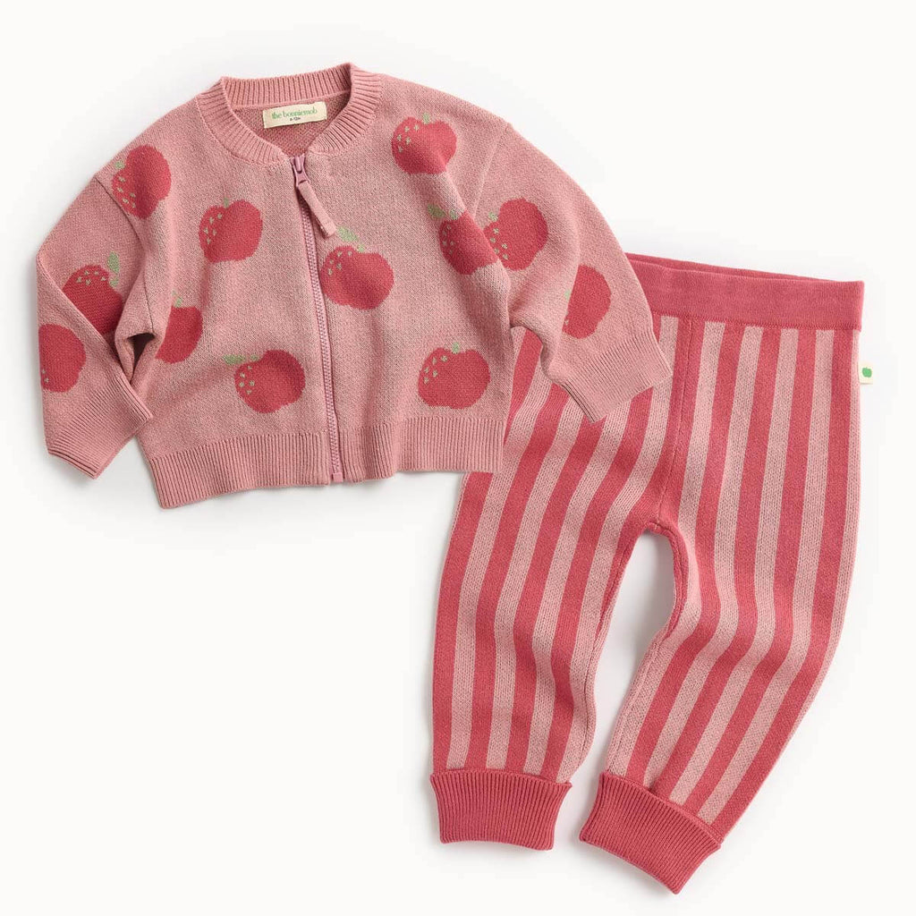 Children's pink cotton cardgan with an apple pattern and striped pants 