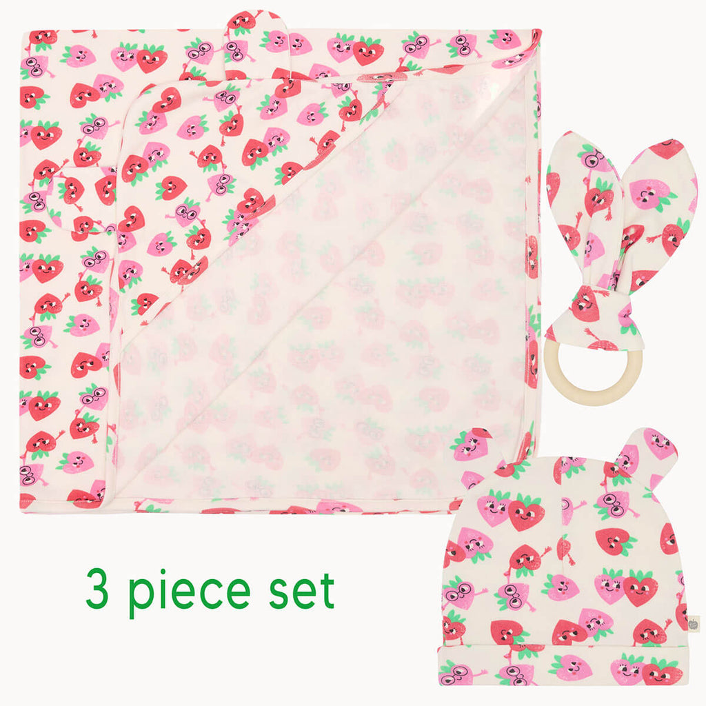 Strawberry 3 Piece Set SS25 SAMPLE - Blanket, Hat & Teether Set