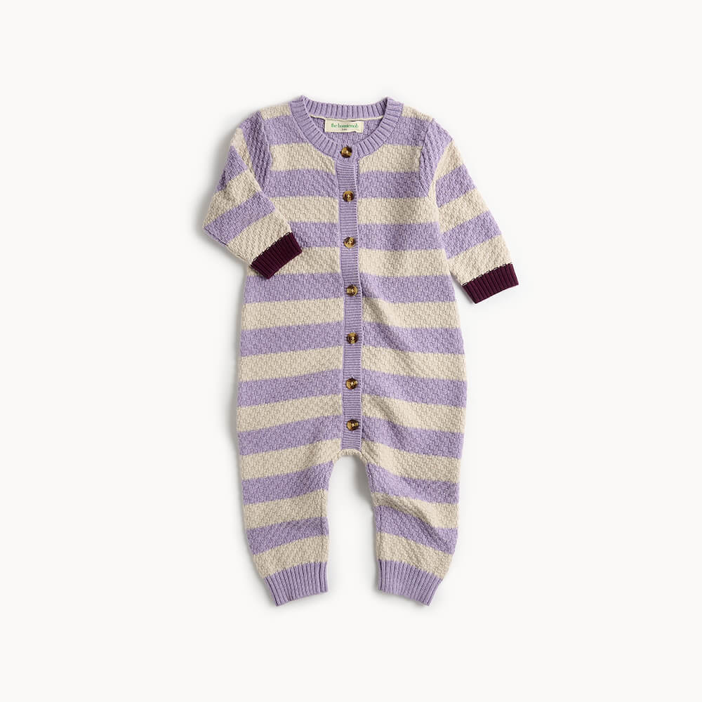 Purple and beige striped knit baby playsuit with buttons 