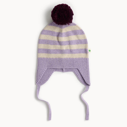 Kid and babby knitted hat with purple and beige stripes and a purple pom-pom