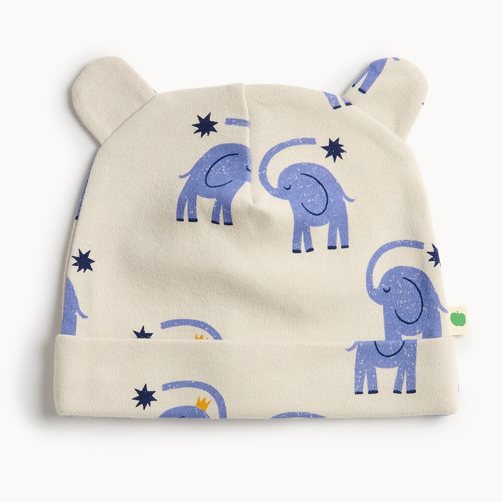 Baby white cotton hat with blue elephant pattern 