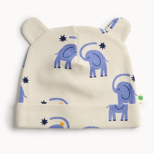 Baby white cotton hat with blue elephant pattern 