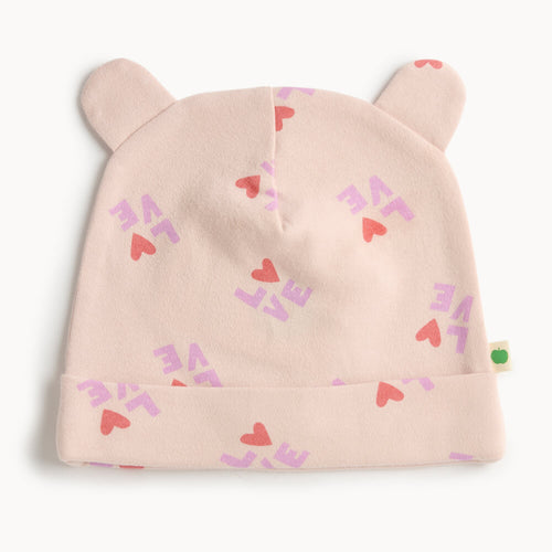 Pink cotton baby hat with heart patterns and bear ears 