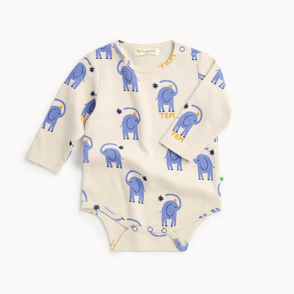 White cotton baby bodysuit with blue elephant pattern 