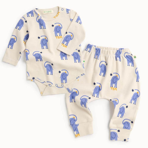 Baby cotton outfit set with long-sleeve bodysuit and leggings featuring blue elephant patterns 