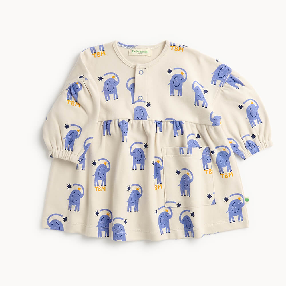 Baby and kid white cotton dress with blue elephant pattern 