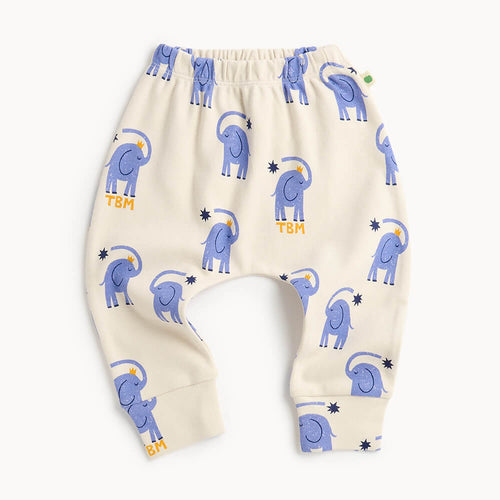 Baby and kid white cotton pants with blue elephant pattern 