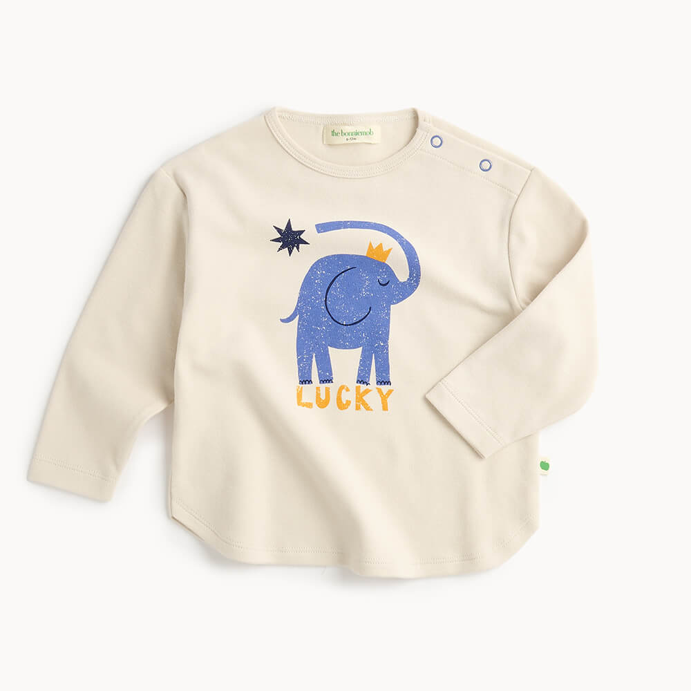 kids and babies white cotton long-sleeve shirt with a blue elephant graphic and 'Lucky' text 