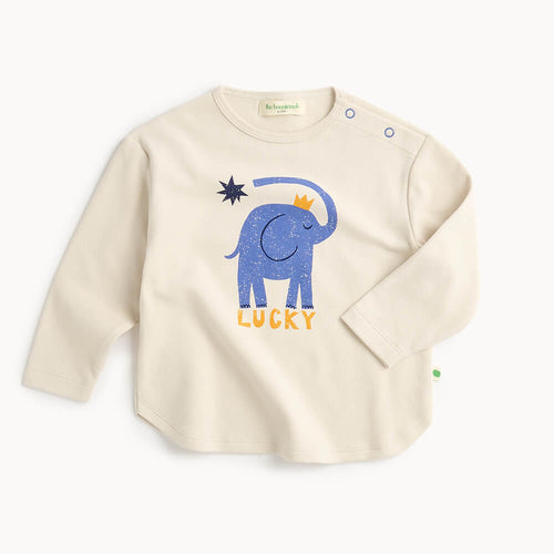 kids and babies white cotton long-sleeve shirt with a blue elephant graphic and 'Lucky' text 