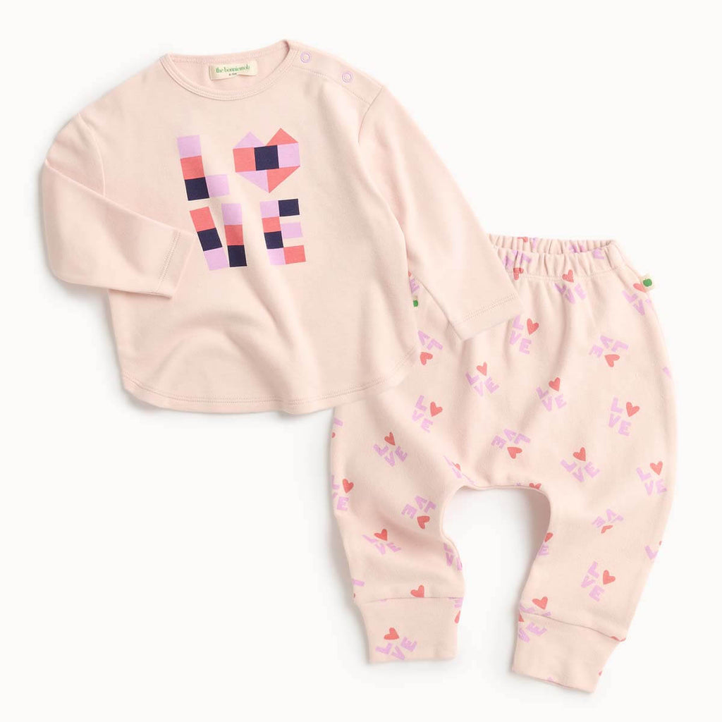 Children's and baby pink cotton outfit set, long sleeve t-shirt and leggings, with heart designs 