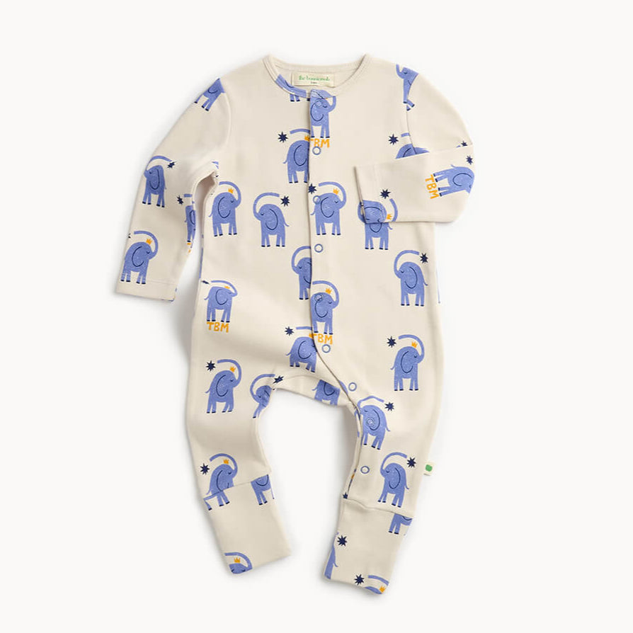 Baby white cotton sleepsuit with blue elephant pattern 