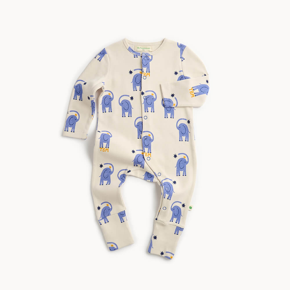 Baby white cotton sleepsuit with blue elephant pattern 