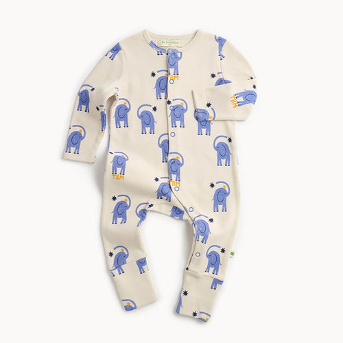 Baby white cotton sleepsuit with blue elephant pattern 