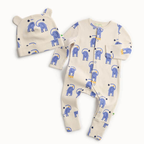 Cotton baby outfit set with white sleepsuit, featuring blue elephant patterns 
