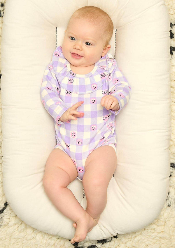 Butterscotch - Lilac Tiddlywink Long Sleeve Bodysuit With Frill - The bonniemob 