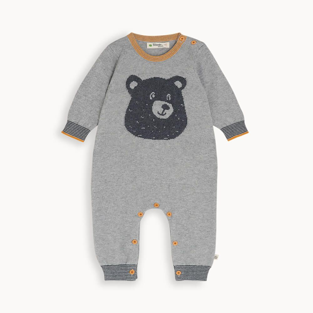 Toffee - Grey Bear Intarsia Playsuit - The bonniemob 