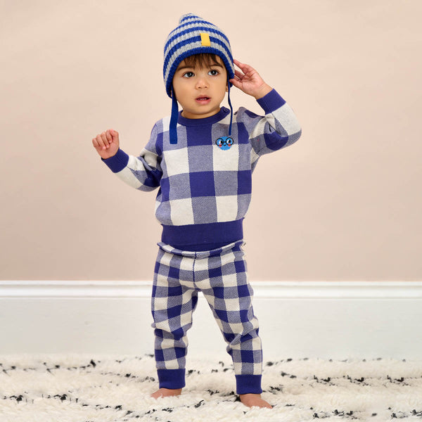 Monopoly Set - Blue Check Jaquard Knit Sweater & Trouser Outfit - The bonniemob 