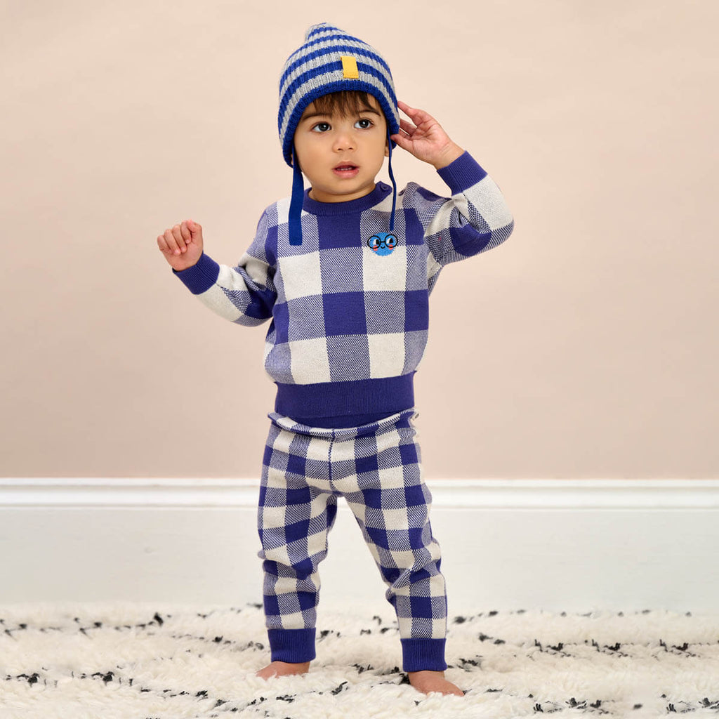 Blue Check Baby Kids Knit Sweater GOTS Certified Organic Cotton The bonniemob