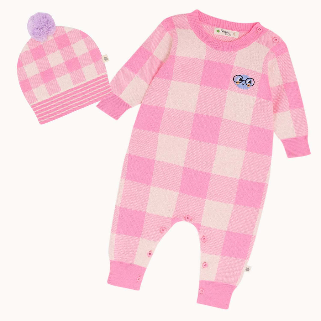 Mingles Set - Pink Check Jaquard Knit Playsuit & Hat Set - The bonniemob 