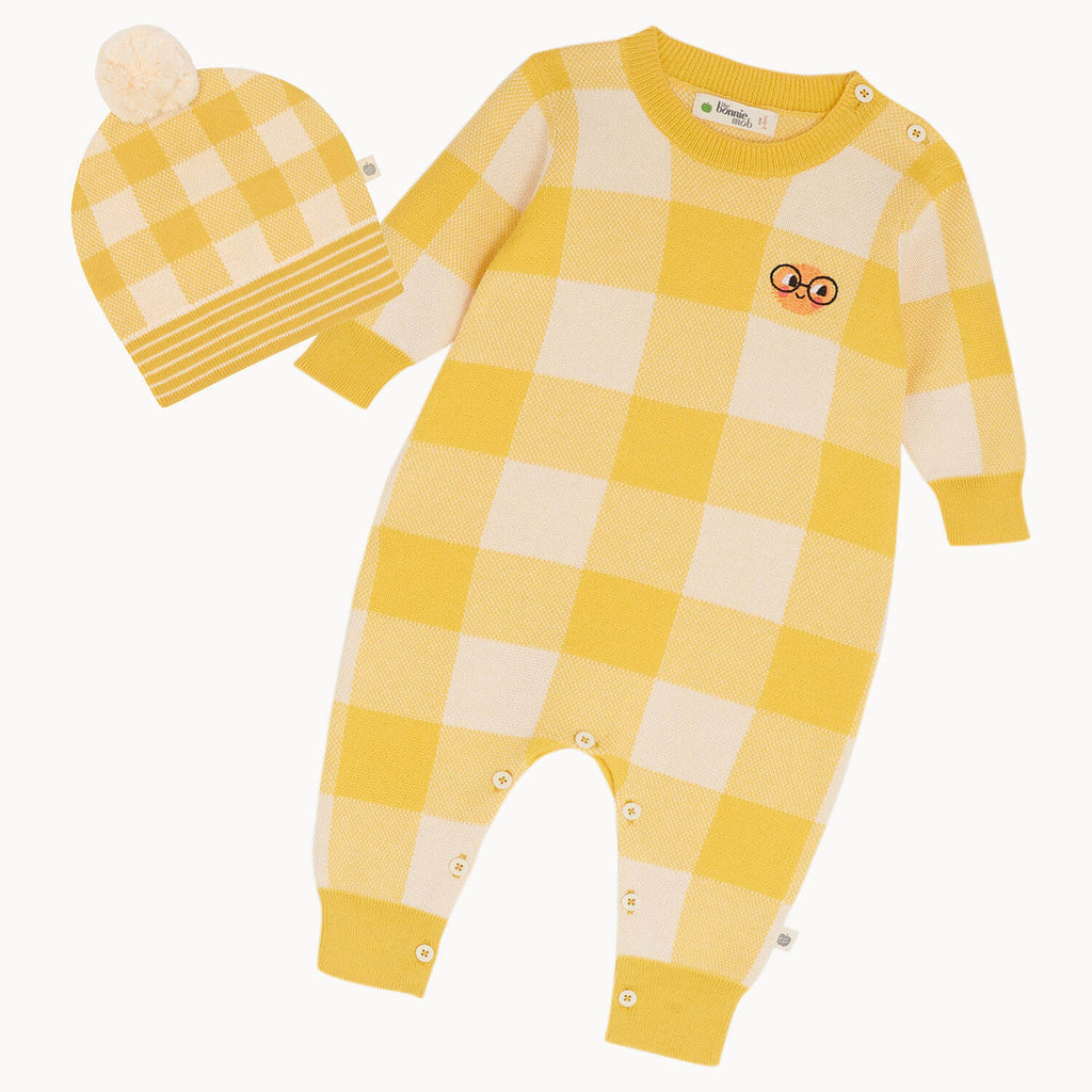 Mingles Set - Yellow Check Jaquard Knit Playsuit & Hat Set - The bonniemob 