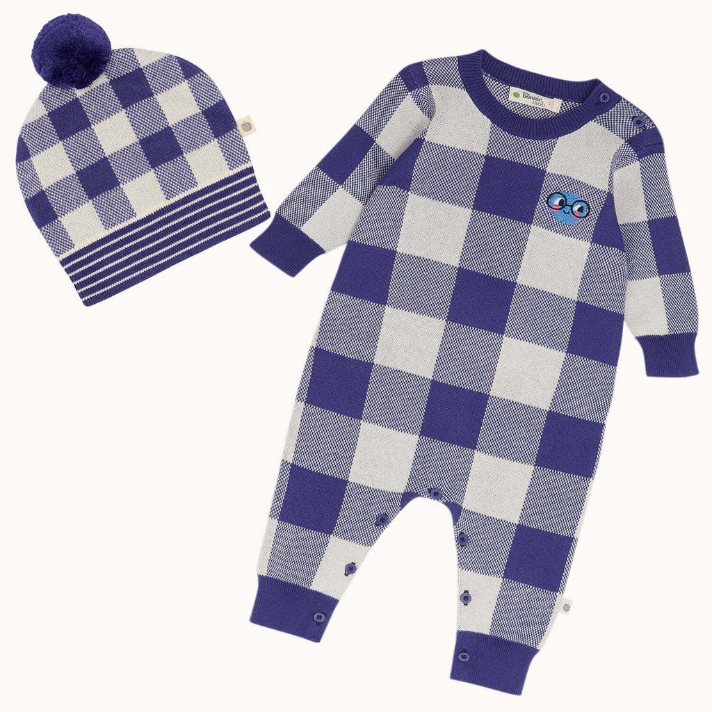 Mingles Set - Blue Check Jaquard Knit Playsuit & Hat Set - The bonniemob 