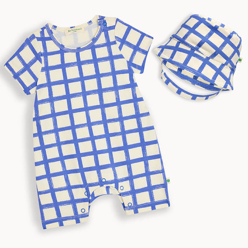 Skiff & Sunrise Set - Blue Checker Baby Shorty Playsuit & Hat Set - The bonniemob 