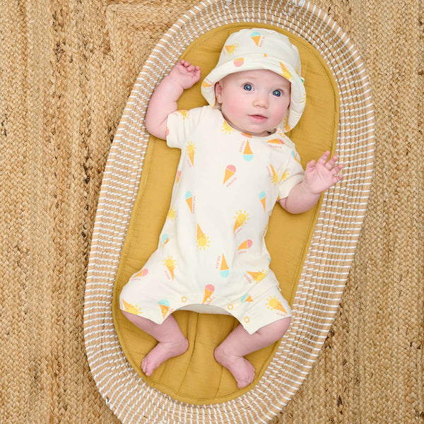 Skiff & Sunrise Set - Gelato Baby Shorty Playsuit & Hat Set - The bonniemob 