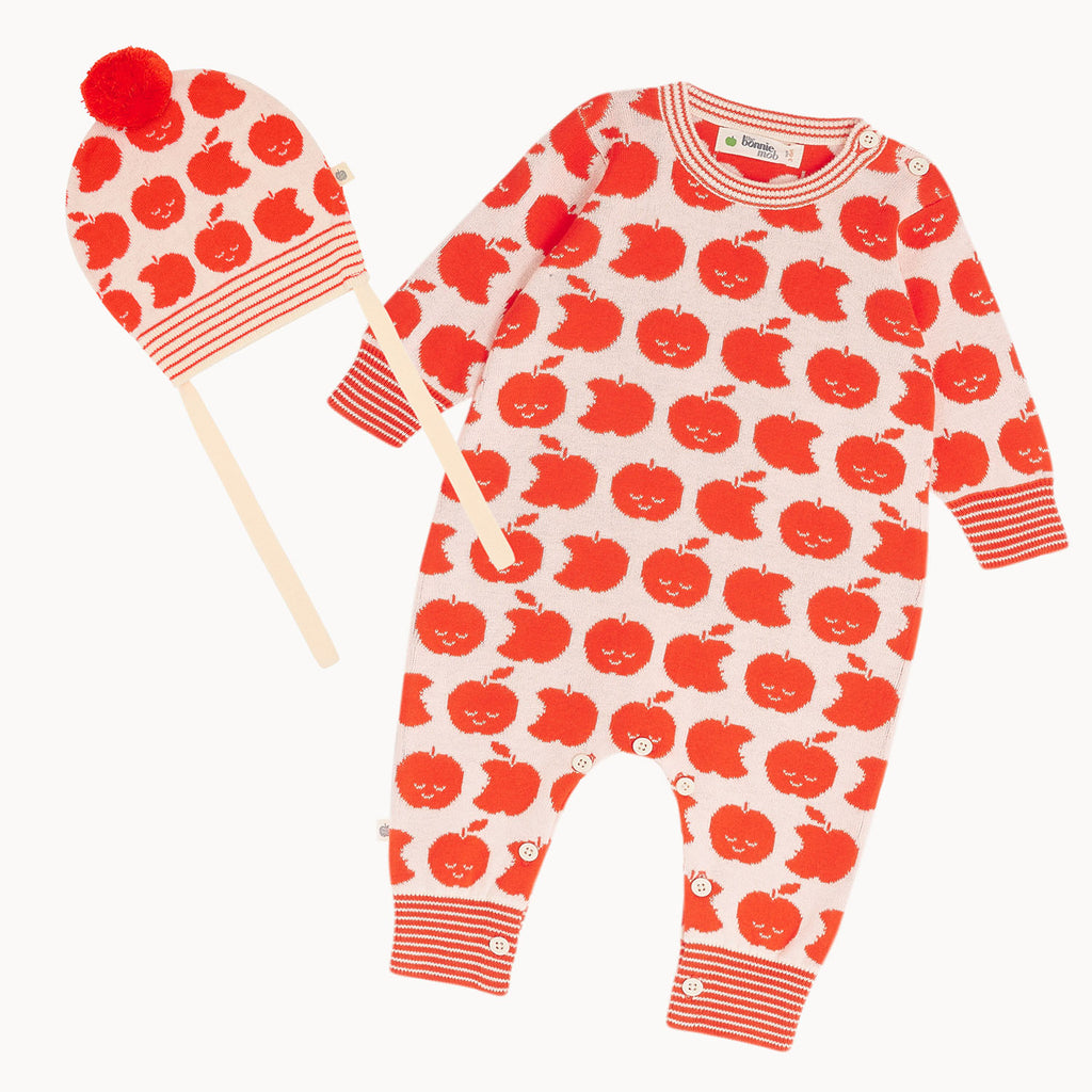 Skittle Set - Red Apple Knit Playsuit & Hat Set - The bonniemob 