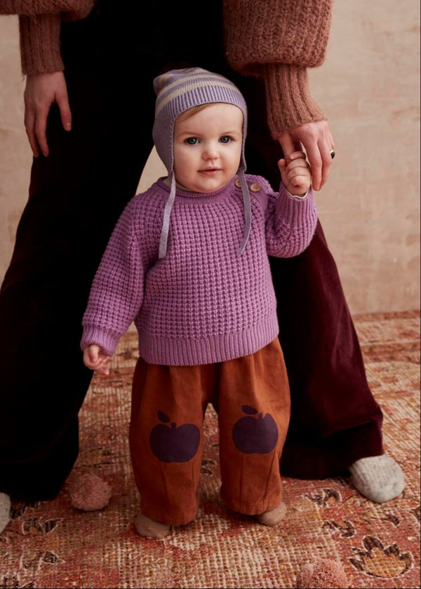 Baby in a purple knit sweater and brown pants 