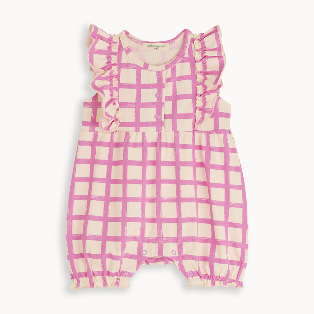 Pink Checker Organic Cotton Jersey Baby Frill Bubble Romper