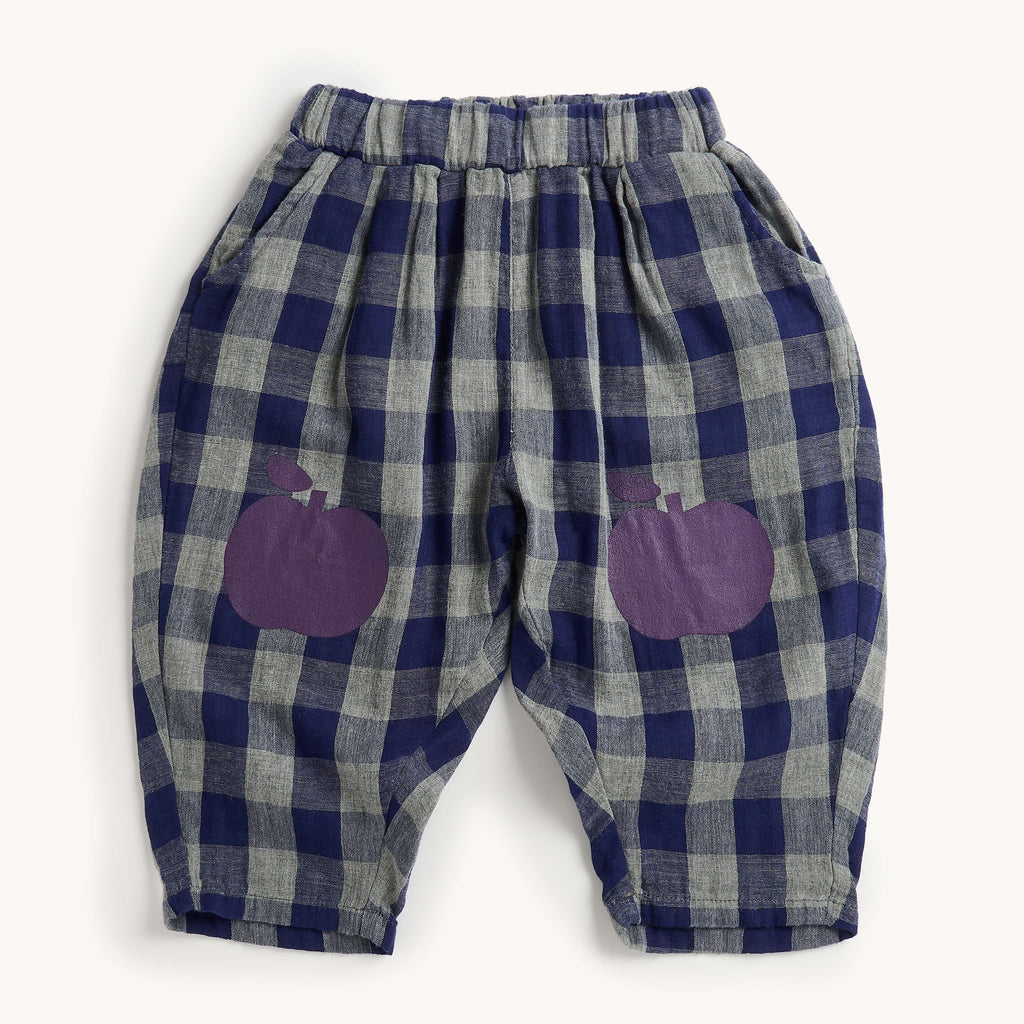 blue plaid kid and baby pants with purple apple knee patches