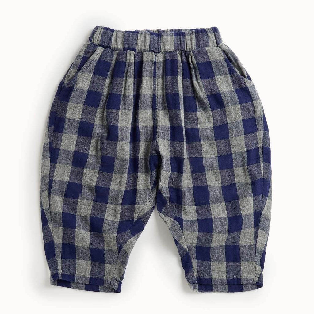 Blue Check Woven Barrel Leg Trousers - ZEN - The bonniemob 